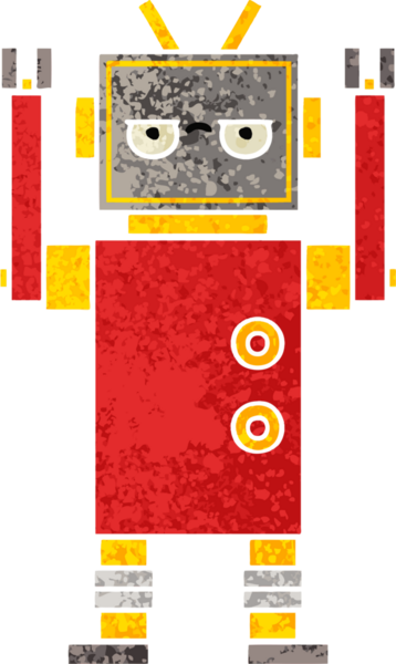 Bir insan tarafından çizilmiş rahatsız bir robotun retro çizim tarzı karikatürü