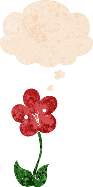 Düşünce baloncuğu ve grunge desenli karikatür çiçeği bir insan tarafından çizilmiş.