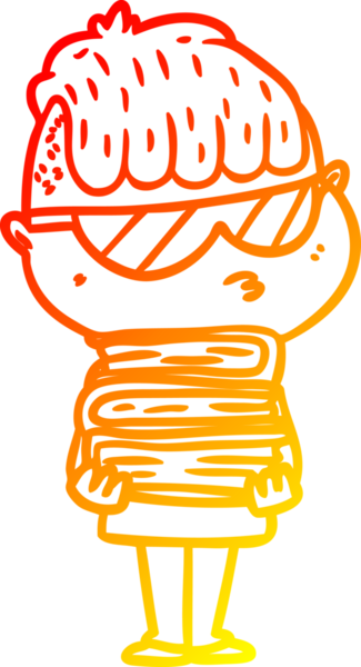 Sıcak bir çizgi film karakteri çizimi. Güneş gözlüğü takmış, bir insan tarafından çizilmiş kitap yığını.