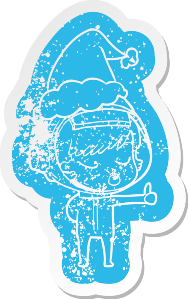 Garip bir çizgi film, güzel bir astronot kızın Noel Baba şapkası takıp, bir insan tarafından çizildiğini gösteren bir çıkartma.