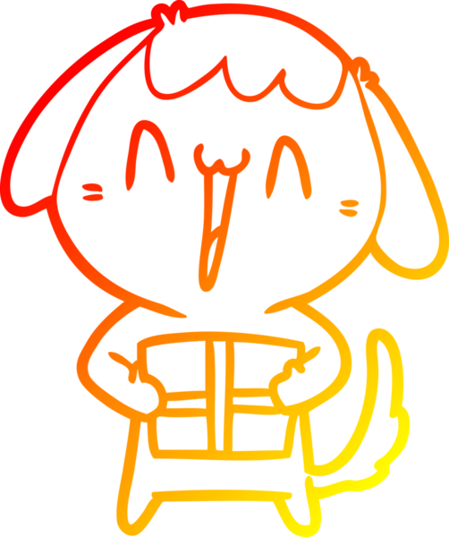 Bir insan tarafından çizilmiş Noel hediyeli şirin bir köpeğin sıcak çizgi çizimi.