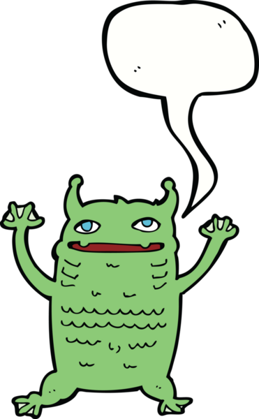 Bir insan tarafından çizilmiş konuşma balonu olan küçük bir canavar.
