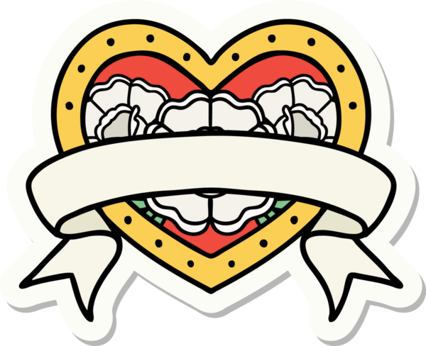 Geleneksel kalp stili dövme çıkartması ve bir insan tarafından çizilmiş çiçekli pankart.