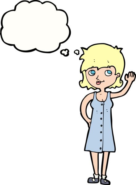 Bir insan tarafından çizilmiş düşünce baloncuğuyla el sallayan güzel bir kadın.