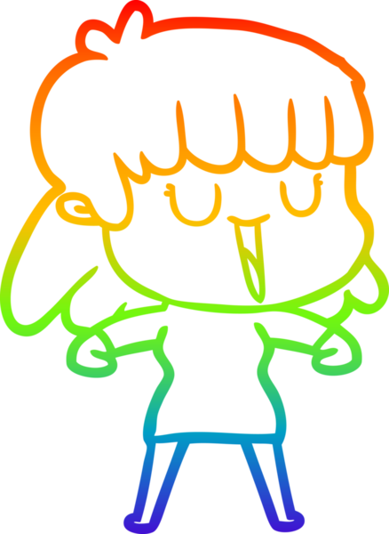 Gökkuşağı gradyan çizgi çizimi bir insan tarafından çizilmiş gülen bir çizgi kadın.