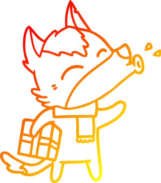 Uluyan bir kurdun sıcak bir çizgi çizimi ve bir insan tarafından çizilmiş noel hediyesi.