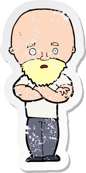 Bir insan tarafından çizilmiş sakallı, şok olmuş kel bir adamın karikatür yapıştırması.