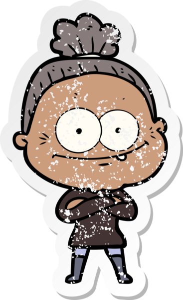 Bir insan tarafından çizilmiş mutlu, yaşlı bir kadının sıkıntılı çıkartması.