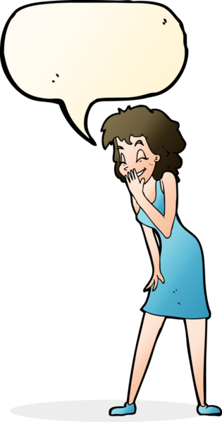 Bir insan tarafından çizilmiş konuşma balonuyla gülen çizgi film kadını.