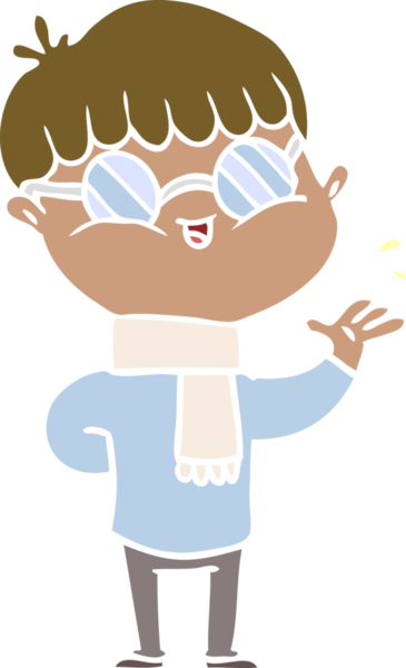 Bir insan tarafından çizilmiş gözlük takan düz renkli çizgi film çocuğu.