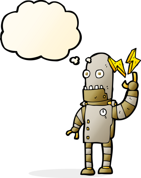 Bir insan tarafından çizilmiş düşünce baloncuğu olan yaşlı bir robot.