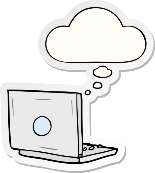 İnsan tarafından çizilmiş bir çıkartma olarak düşünce baloncuklu dizüstü bilgisayar.