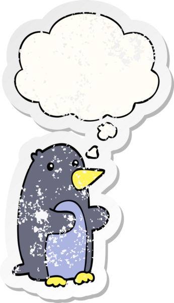 Düşünce baloncuğu olan karikatür pengueni insan tarafından çizilmiş yıpranmış bir çıkartma.