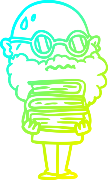 Sakallı ve bir insan tarafından çizilmiş bir yığın kitabı olan endişeli bir çizgi film çizimi.