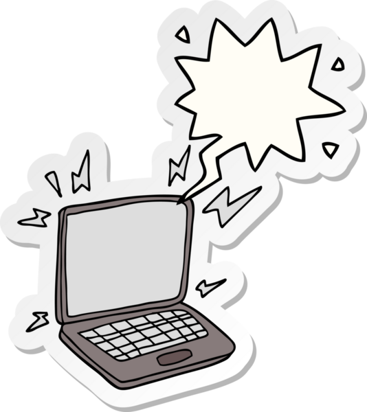 Bir insan tarafından çizilmiş konuşma balonu çıkartmalı dizüstü bilgisayar.