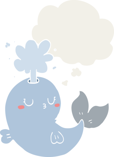 Bir insan tarafından çizilmiş düşünce baloncuğuyla su püskürten çizgi film balinası.