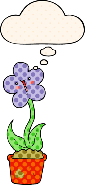 Bir insan tarafından çizilmiş çizgi roman tarzında düşünce baloncuğu olan sevimli bir karikatür çiçeği.