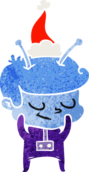 Bir insan tarafından çizilmiş Noel Baba şapkası giymiş bir uzay adamı çizilmiş utangaç el çizimi.