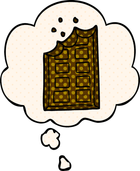 Çizgi roman tarzında bir insan tarafından çizilmiş düşünce balonlu çikolata çubuğu.