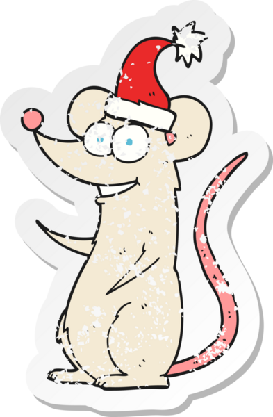 Bir insan tarafından çizilmiş Noel şapkası giyen çizgi film faresinin gerilimli retro çıkartması.