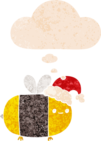 Karikatür noel arısı grunge 'da düşünce baloncuğu olan sıkıntılı eski moda bir insan tarafından çizilmiş.