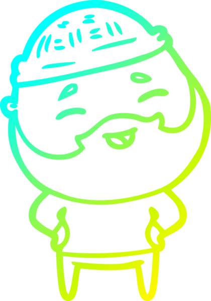 Bir insan tarafından çizilmiş, mutlu, sakallı, çizgi film karakteri.