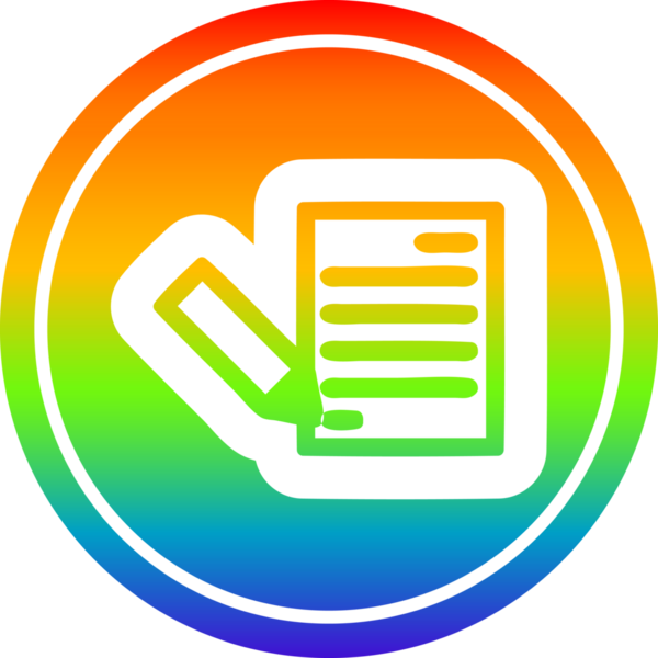 belge ve kalem dairesel simgesi gökkuşağı gradyanı bir insan tarafından çizilmiş