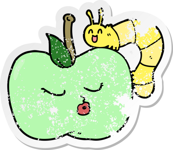 Bir çizgi filmin sıkıntılı çıkartması. Bir insan tarafından çizilmiş güzel elma ve böcek.