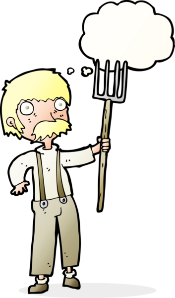 Bir insan tarafından çizilmiş düşünce baloncuklu dirgenli çizgi film çiftçisi.