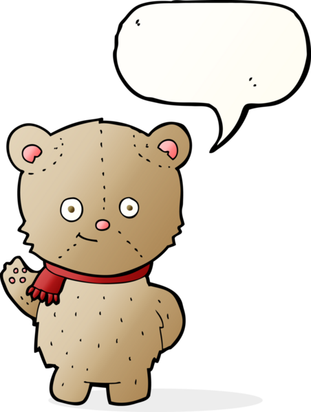 Bir insan tarafından çizilmiş konuşma balonuyla el sallayan çizgi film ayısı.