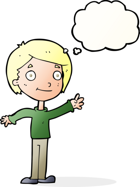 Bir insan tarafından çizilmiş düşünce balonu olan mutlu çocuk çizgi filmi.