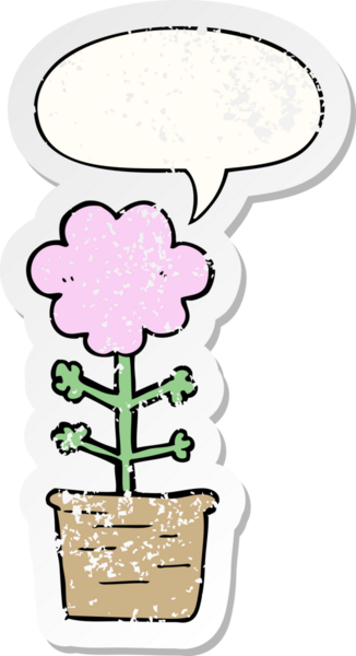 Konuşma baloncuğu olan sevimli bir karikatür çiçek bir insan tarafından çizilmiş sıkıntılı eski bir çıkartma