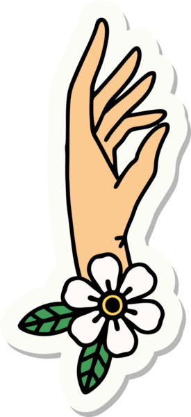 Bir insan tarafından çizilmiş geleneksel el ve çiçek stili dövme çıkartması.