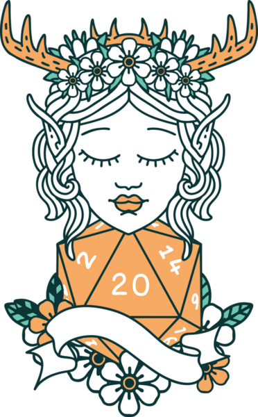 Retro Dövme Tarzı Elf Druid Bir insan tarafından çizilmiş doğal yirmi zar ile