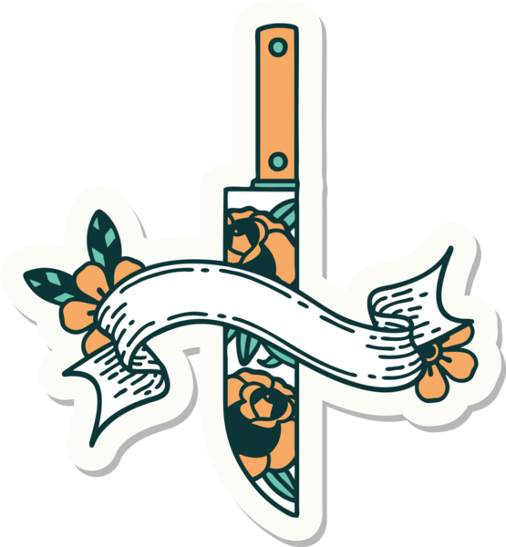 Bir hançer sancağıyla dövme stili çıkartması ve bir insan tarafından çizilmiş çiçekler