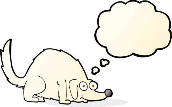 Bir insan tarafından çizilmiş düşünce balonlu mutlu bir köpek.