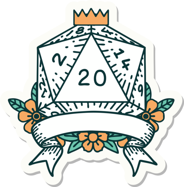 Bir insan tarafından çizilmiş 20 kritik vuruşluk D20 zar etiketi.