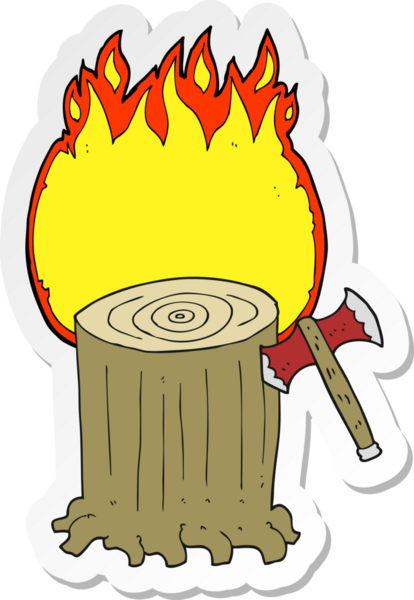 Bir insan tarafından çizilmiş ağaç kütüğü ve baltanın çıkartması.