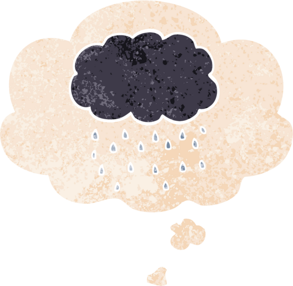 Düşünce baloncuğuyla yağmur yağıyor grunge 'da sıkıntılı eski moda bir insan tarafından çizilmiş.