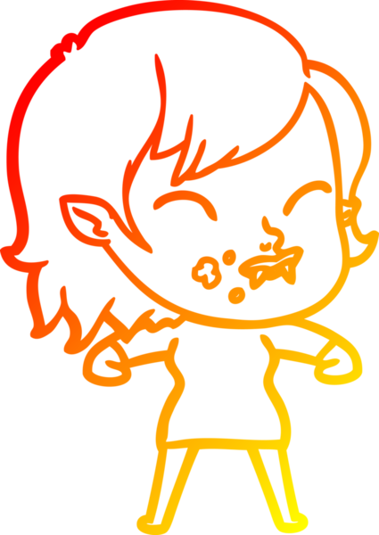 Bir insan tarafından çizilmiş yanağında kan olan vampir bir kızın çizgi film çizimi.