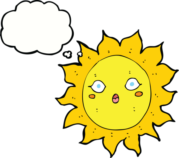 Bir insan tarafından çizilmiş düşünce baloncuklu çizgi film güneşi.