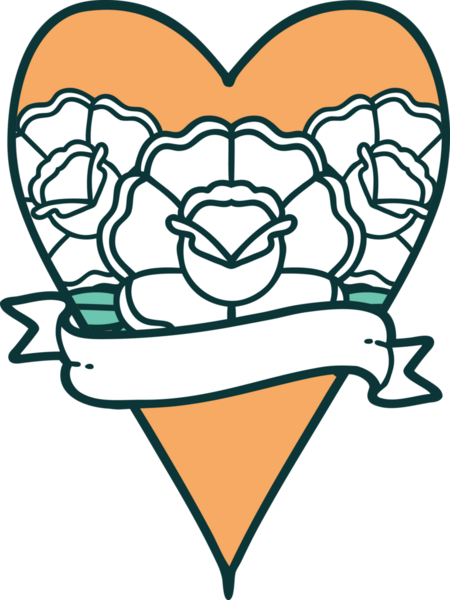 İkonik dövme stili bir kalp ve bir insan tarafından çizilmiş çiçekli pankart.