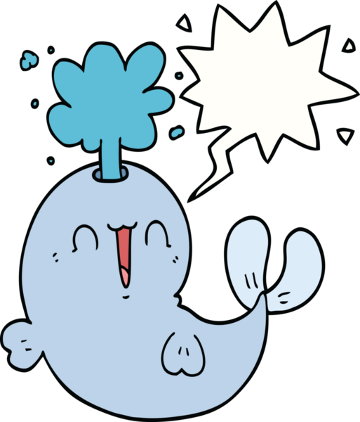 Bir insan tarafından çizilmiş konuşma baloncuğuyla su püskürten çizgi film balinası