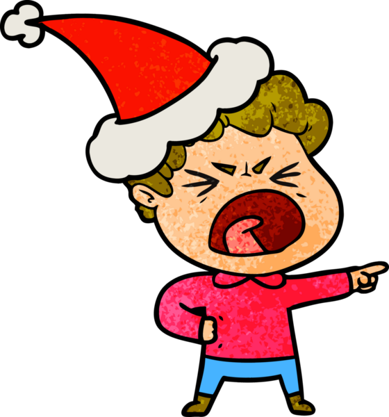 Bir insan tarafından çizilmiş Noel Baba şapkası giyen öfkeli bir adamın el çizimi karikatürü.