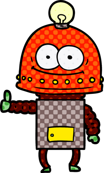 Bir insan tarafından çizilmiş ampullü mutlu karton robot.