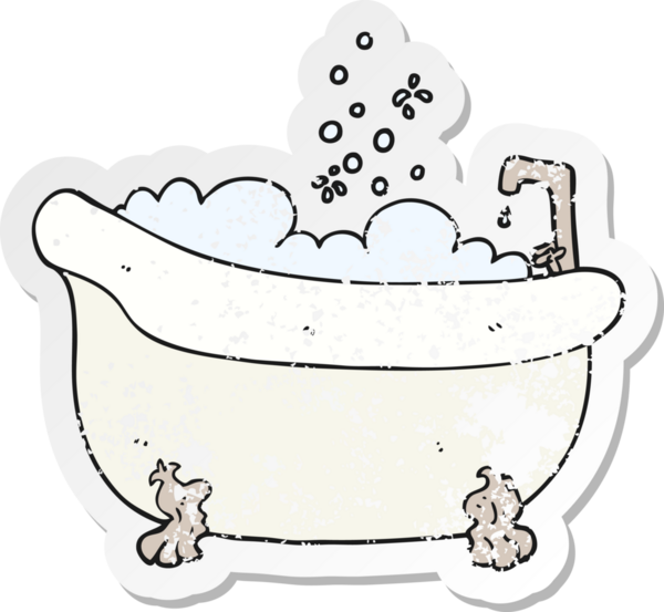 Bir insan tarafından çizilmiş suyla dolu bir karikatür küvetinin retro sıkıntılı etiketi.