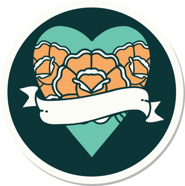 Geleneksel kalp stili dövme çıkartması ve bir insan tarafından çizilmiş çiçekli pankart.