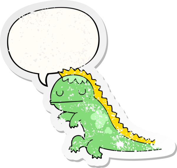 Konuşma baloncuğu olan karikatür dinozoru bir insan tarafından çizilmiş sıkıntılı eski bir çıkartma
