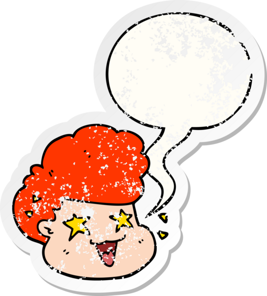 çizgi film heyecanlı çocuk konuşma baloncuğu ile sıkıntılı eski bir çıkartma bir insan tarafından çizilmiş