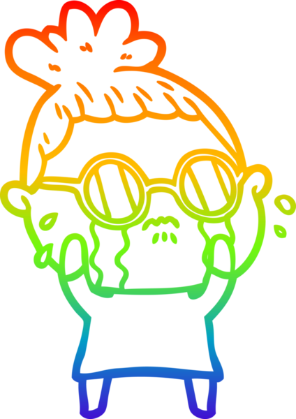 Gökkuşağı gradyan çizgi çizimi. Bir insan tarafından çizilmiş gözlük takan ağlayan bir kadın.